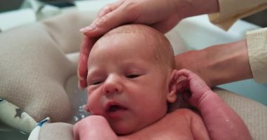 Anne, bebeğini nazikçe temiz bir küvette yıkıyor ve bir ilgi ve bağ anı yaratıyor. Anne bebeği temiz küvette yıkıyor.