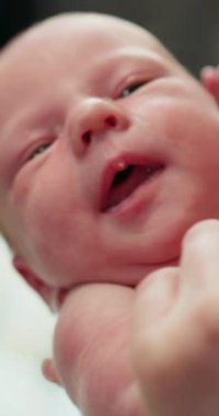 Ağlayan yeni doğmuş bir bebeğin aşırı yakın çekimi. Ağlayan bebeklerin yüzü, açık bir ağız, mavi gözler ve sakızdaki küçük beyaz nokta.