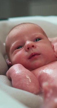 Yeni doğmuş ıslak bir bebeğin banyo sırasında yumuşak ciltli ve nazik bir ifadeyle yakın plan portresi. Hassas özelliklerini ve su damlacıklarını gösteriyor.