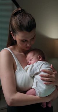 Genç anne nazikçe kucağında uyuyan bebeğini kucağına alır ve evde huzurlu ve sevgi dolu bir an yaratır.