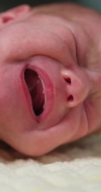 Küçük bebek yumuşak battaniyenin içinde dinleniyor, erken gelişim aşamasında masumiyet ve sükuneti somutlaştırıyor.