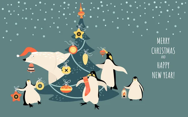 Stendardo Vettoriale Natale Capodanno Con Albero Pinguini Divertenti Orso Immagini — Vettoriale Stock