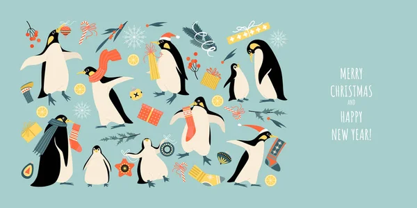 Bandiera Vettoriale Natale Capodanno Con Divertenti Pinguini Decorazioni Regali Immagini — Vettoriale Stock