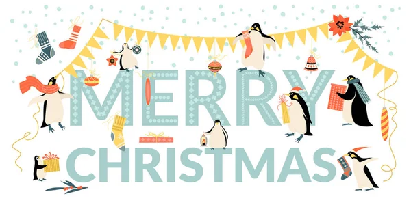 Banner Vetorial Para Natal Com Pinguins Engraçados Decorações Presentes Fundo —  Vetores de Stock