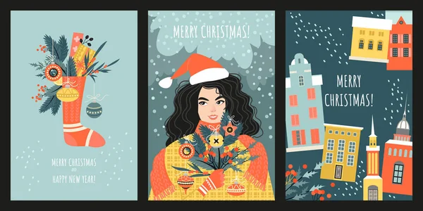 크리스마스와 새해를 카드와 플래카드 세트에는 귀여운 망토가 평면으로 — 스톡 벡터