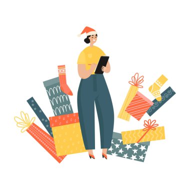 Kız yılbaşı ve yeni yıl için hediyelerin bir listesini yapar. Çizgi film çizimi düz stil