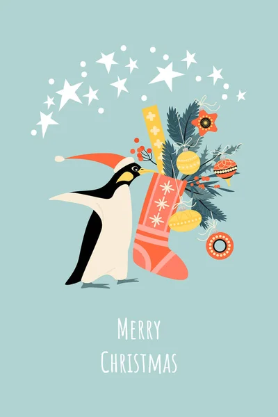Cartão Natal Com Pinguim Engraçado Chapéu Santa Meia Com Presentes —  Vetores de Stock
