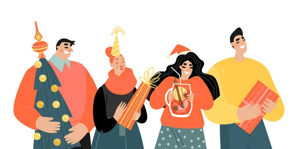 Conjunto Personajes Vectoriales Hombres Mujeres Jóvenes Que Preparan Para Navidad — Vector de stock