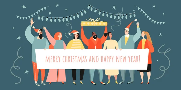 Ilustración Vectorial Para Navidad Año Nuevo Con Grupo Personas Sombreros — Vector de stock