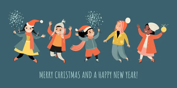 Banner Felicitación Vectorial Para Navidad Año Nuevo Con Niños Lindos — Vector de stock