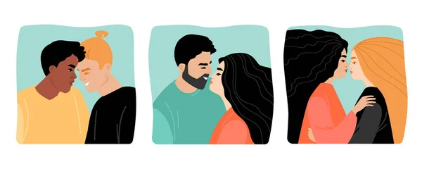 異なる性的指向のカップルとベクトルイラストのセットクローズアップ 平面形式のベクトル画像 — ストックベクタ