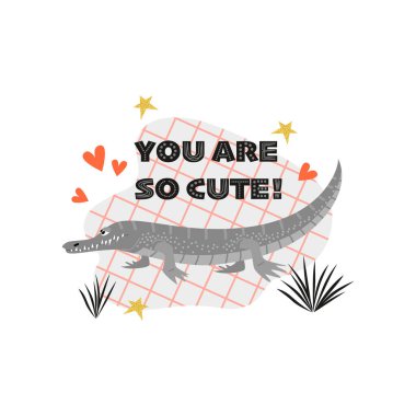 Çizgi film tarzında dekoratif elementlerin arka planında bir timsahın komik vektör çizimi. Sevgililer günü kartı.