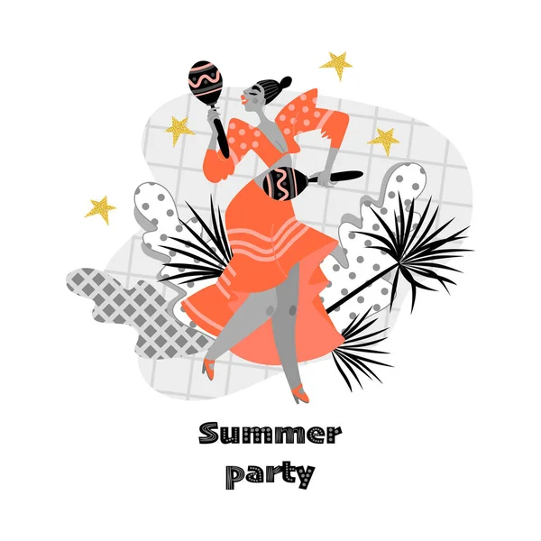 Sommarpartyfana Med Rolig Dansflicka Med Maracas Vektorillustration Platt Stil — Stock vektor