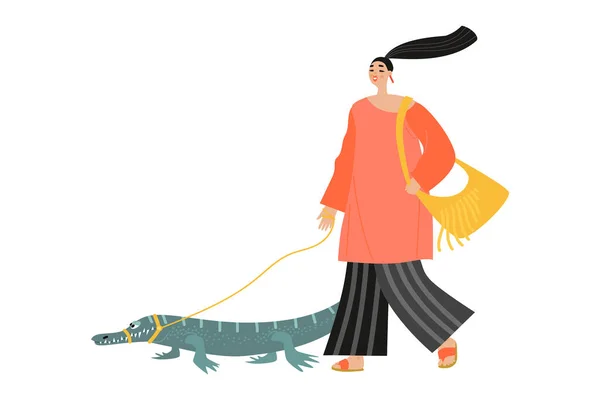 Vicces Lány Pórázon Jár Egy Krokodillal Rajzfilm Illusztráció Lapos Stílusban — Stock Vector