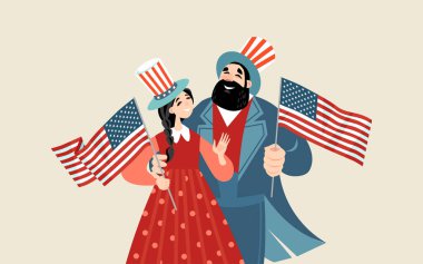 ABD 'nin Bağımsızlık Günü için vektör illüstrasyonu. Şapkalı ve Amerikan bayraklı komik bir çift. Çizgi film tarzında resimleme