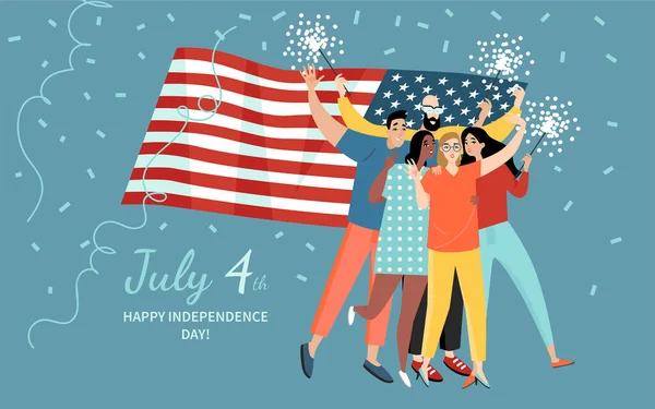 Ryhmä Ystäviä Juhlii Usa Itsenäisyyspäivää Onnellisia Nuoria Taustalla Amerikan Lippu — vektorikuva