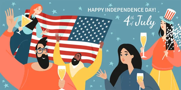 Usa Itsenäisyyspäivän Vektoribanderolli Onnelliset Nuoret Taustalla Amerikan Lipun Juovat Kuohuviiniä — vektorikuva