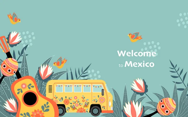 Приветствуем Мексиканцев Баннером Забавно Украшенным Автобусом Гитарой Маракасом Фоне Цветов — стоковый вектор