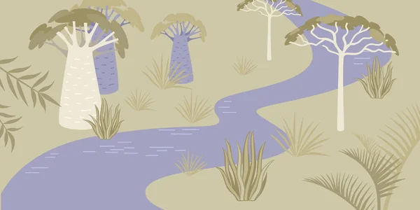 Savannah Landskap Med Flod Och Sällsynta Träd Vektor Bakgrund Platt — Stock vektor