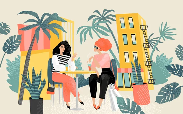 Duas Meninas Encantadoras Sentadas Uma Mesa Café Verão Conversando Ilustração —  Vetores de Stock