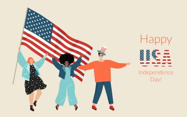 Amerikan Bağımsızlık Günü için Amerikan bayrağı taşıyan üç genç ve sevimli insanla vektör bayrağı. Vatanseverlik kavramı. Çizim düz biçimli