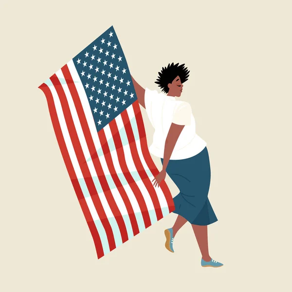Симпатичная Афроамериканка Танцует Флагом Сша Векторная Иллюстрация Дня Независимости Плоском — стоковый вектор