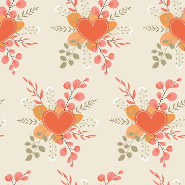 Kırmızı ve turuncu yapraklar, kurumuş çiçekler ve açık arkaplanda kalplerden oluşan sonbahar pürüzsüz deseni.