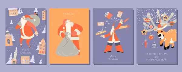Conjunto Cartões Para Natal Ano Novo Com Feliz Papai Noel —  Vetores de Stock