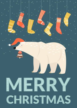 Noel kartı şablonu, Noel Baba şapkası, zil ve çorap takan komik bir ayı. Çizgi film karakteri düz stil