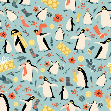 Noel Baba şapkalı komik penguenler, hediyeler, çoraplar. Çizgi film tarzında şirin bir doku.