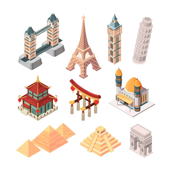 Historical famous landmarks. Isometric symbols for travellers buildings statue bridges pyramid worldwide landmarks collection