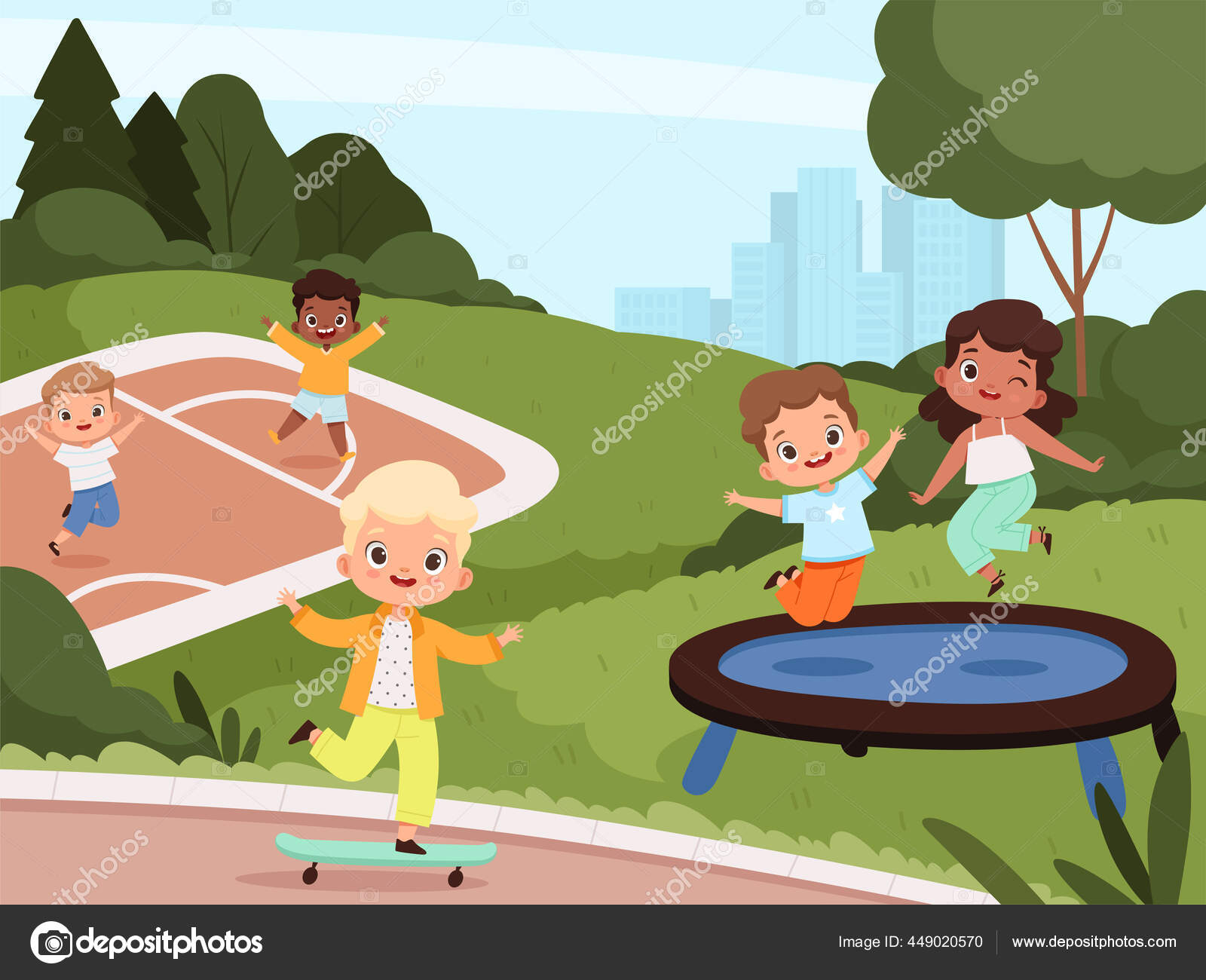 Taman Bermain Anak Anak Anak Laki Laki Dan Perempuan Bermain Dengan Mainan Di Taman Menikmati Teman Teman Di Luar Sekarang Vektor Gambar Kartun Latar Belakang Stok Vektor ONYXprj 449020570
