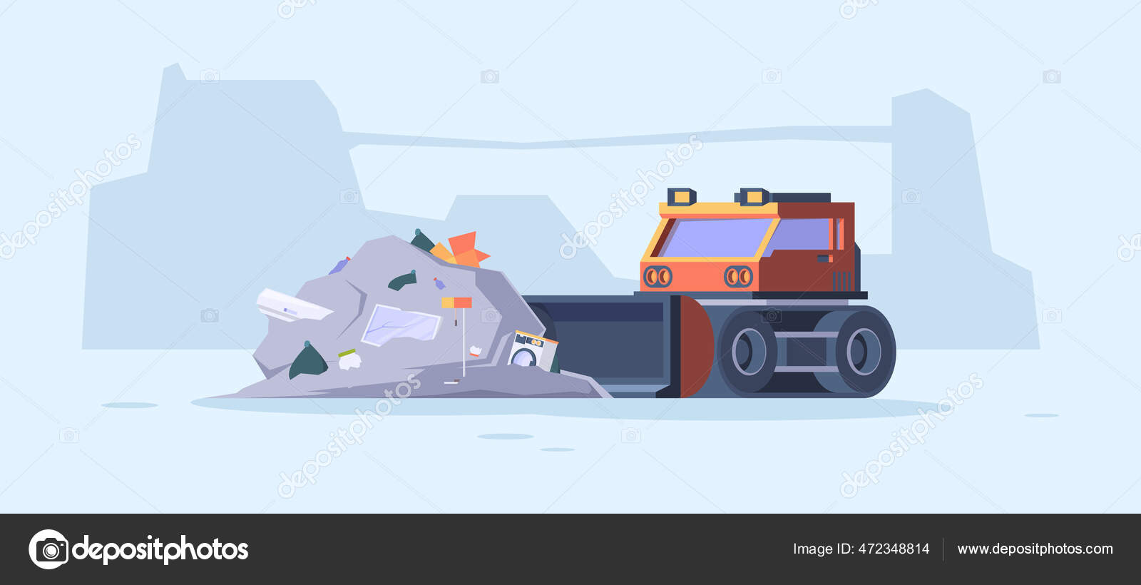 Remove garbage street. Urban cleaning service waste recycling processes bulldozer remove trash garish vector cartoon background save nature Vector Image by #472348814