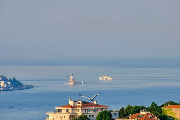 İstanbul, Türkiye. Şehir manzarası, Boğaz, Asyalı tarafı ve şafak vakti Bakire Kulesi.