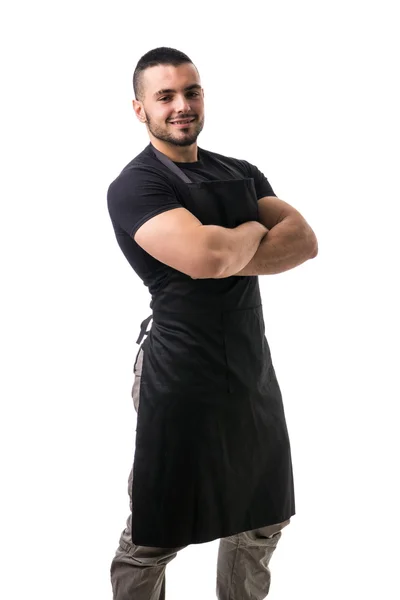 Portrait of handsome chef in black apron — Stok Foto