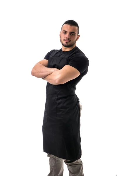 Portrait of handsome chef in black apron — Stok Foto