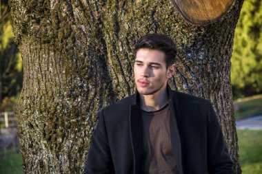 Ağaca yaslanan yakışıklı genç adam.