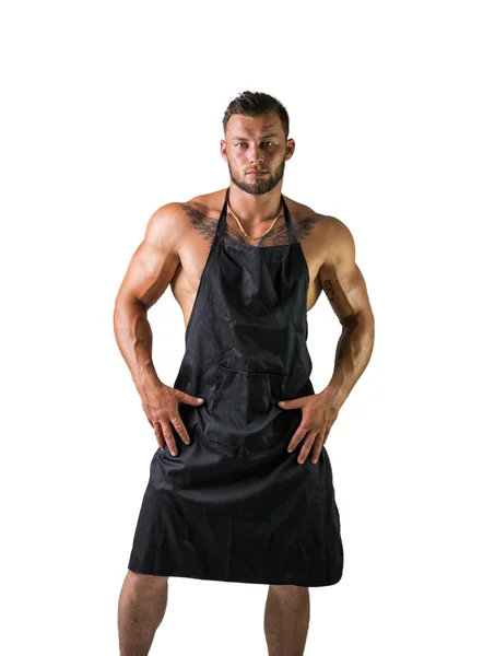 Bodybuilder Waiter with Apron on Naked Muscular Body — Stock Photo, Image