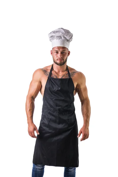 Chef culturista con delantal en cuerpo muscular desnudo —  Fotos de Stock