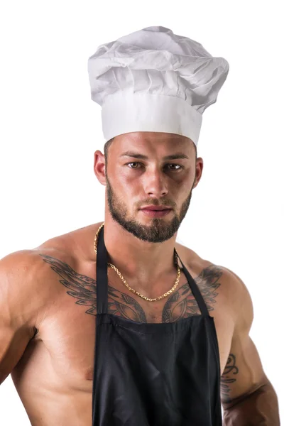 Köksmästare med förkläde på naken muskulös kropp — Stockfoto