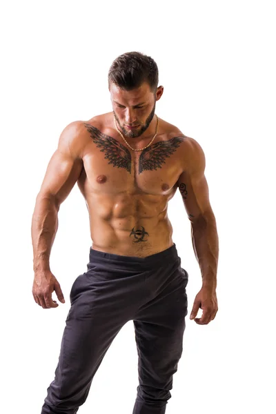 Handsome topless muscular man standing, isolated — Stock Photo, Image