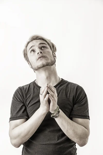 Needy, desperate young man pleading to camera — Stock Photo, Image