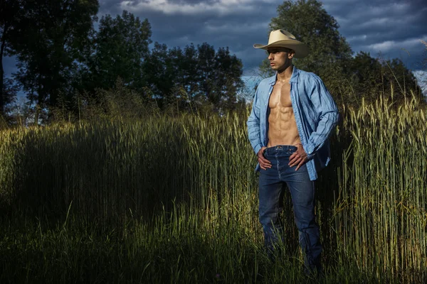 Ritratto di uomo rustico in cappello da cowboy con la camicia sbottonata — Foto Stock