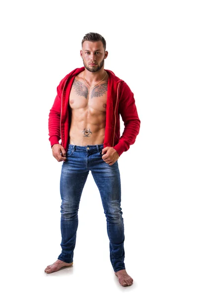 Handsome half-naked muscular man standing, isolated — Stock Photo, Image