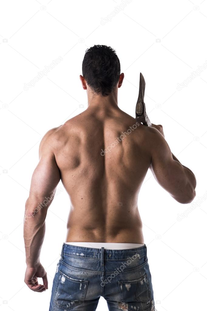 Muscle man with axe back view