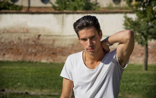 Beau jeune homme debout, avec pelouse et vieux mur derrière — Photo