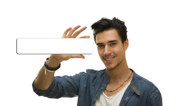 Smiling friendly man holding a blank sign — Stock Photo, Image