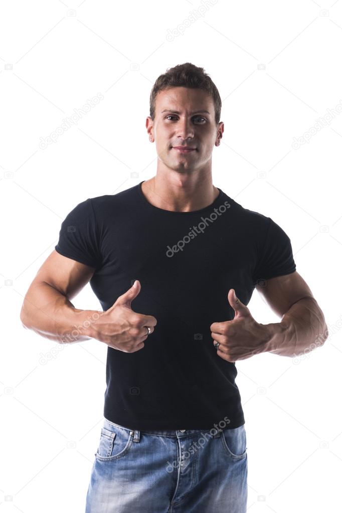 Athletic and attractive young man with thumb up doing OK sign