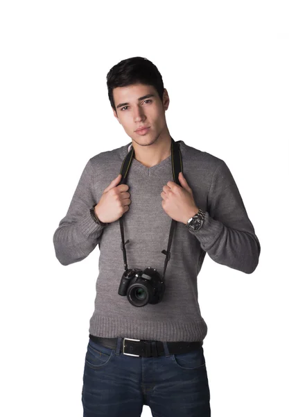 Profesyonel fotoğraf makinesi ile yakışıklı genç — Stok fotoğraf