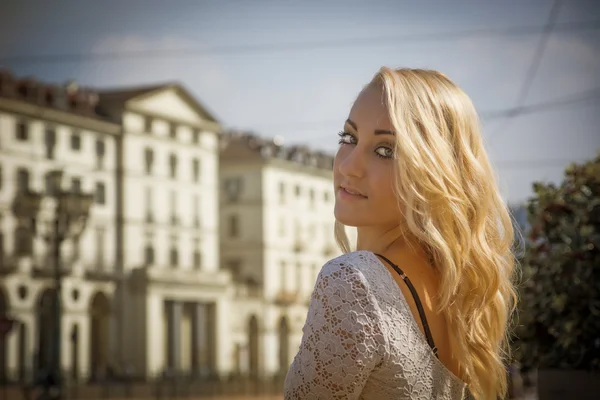 Pretty Young Woman in White Dress at the City — Stock Photo, Image